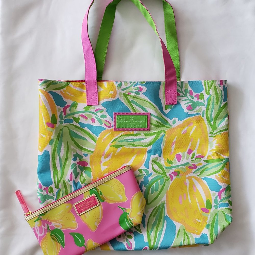 **SOLD**Estee Lauder Lilly Pulitzer Lemon Print Canvas Beach Bag,Cosmetics~NEW